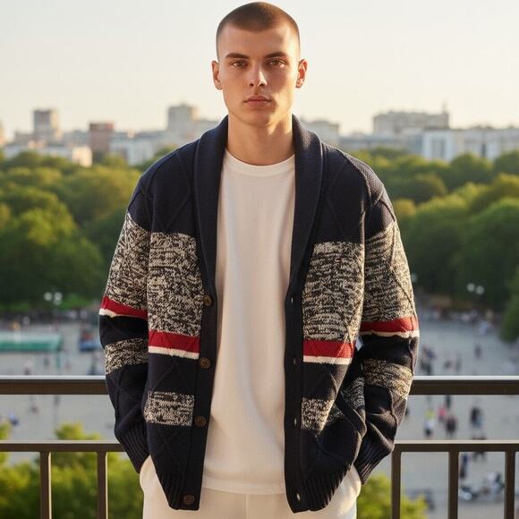 Tommy Hilfiger DarkAcademia Preppy Y2K Cardigan Navy Red Marled Knit Sweater XL - Picture 3 of 12